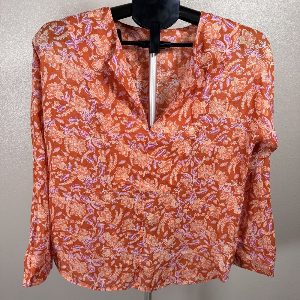 J Crew Women's XXS‎ Orange Long Sleeve Ramie Lightweight Blouse Beach Preppy